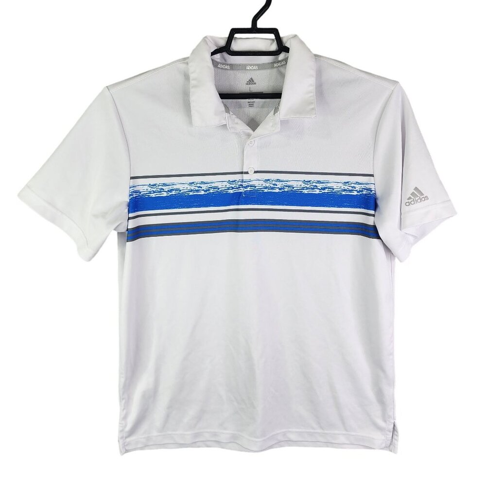 Men's Adidas Chest Print Golf Polo Shirt ADVR0821 White / Glory Blue Size L